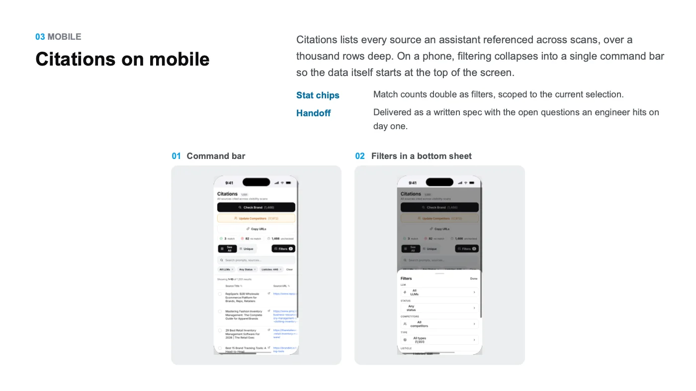 Allmond citations on mobile with a command bar and filters