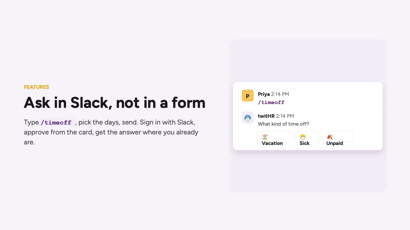 Requesting time off in Slack with the /timeoff command
