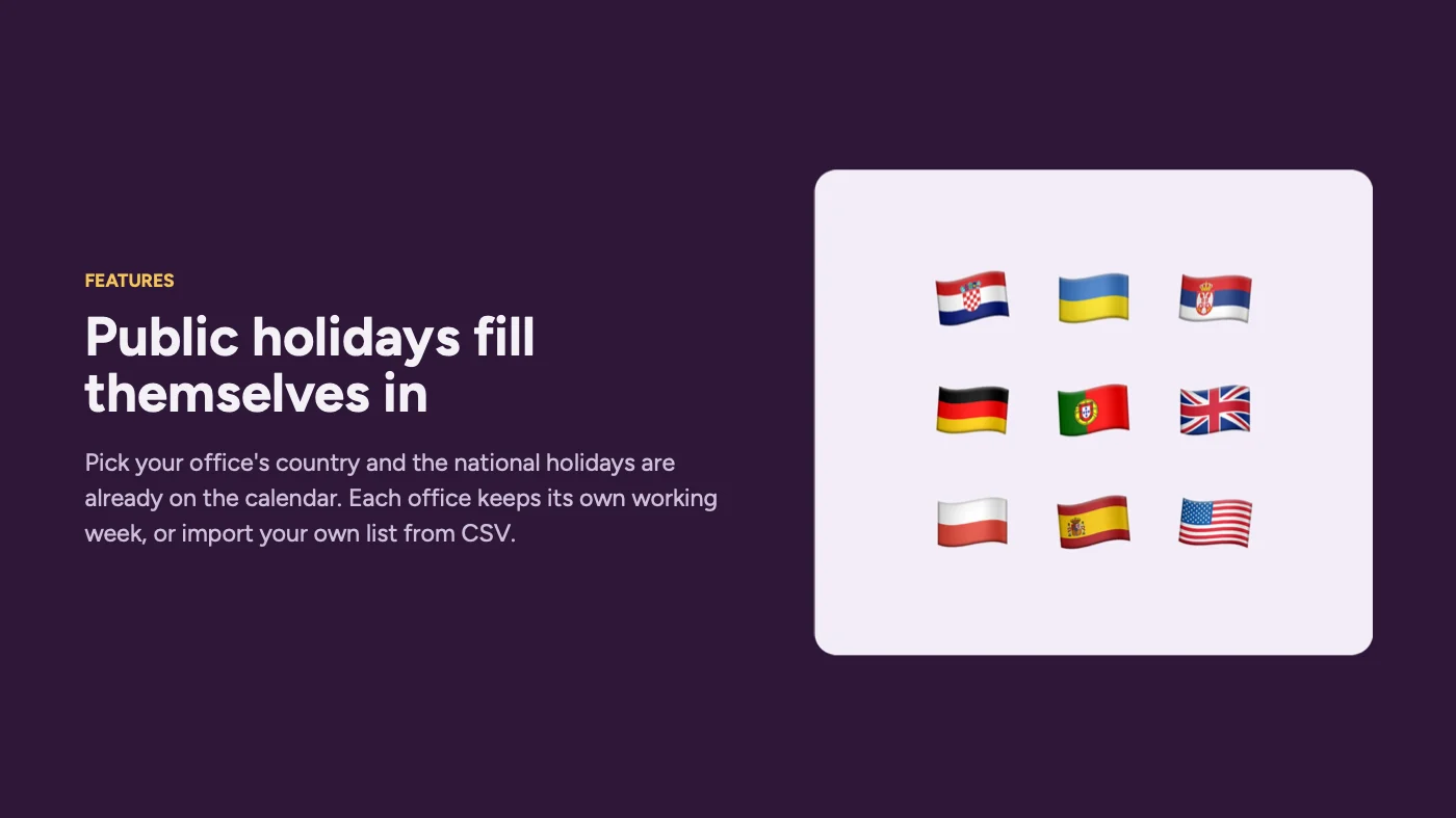 Public holidays filled in by country
