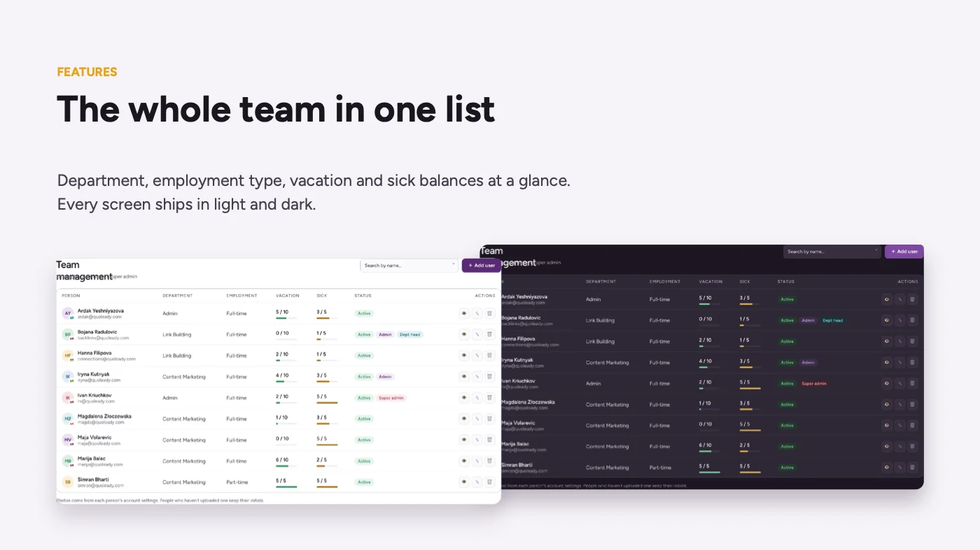 Team list with vacation and sick balances in light and dark